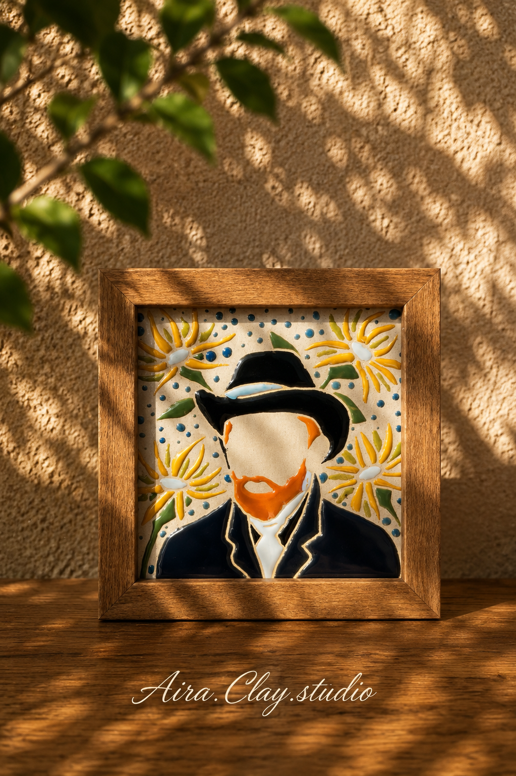 تابلو سرامیکی دست ساز ابعاد ۱۲*۱۲ قاب طرح چوب